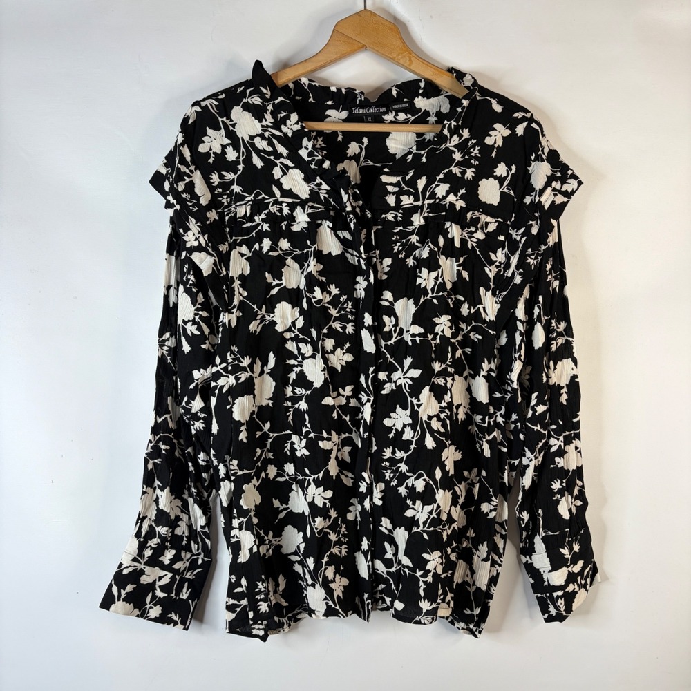 Tolani Collection Blouse Womens 1X Black White Floral Ruffle Crinkle Boho - Picture 1 of 11